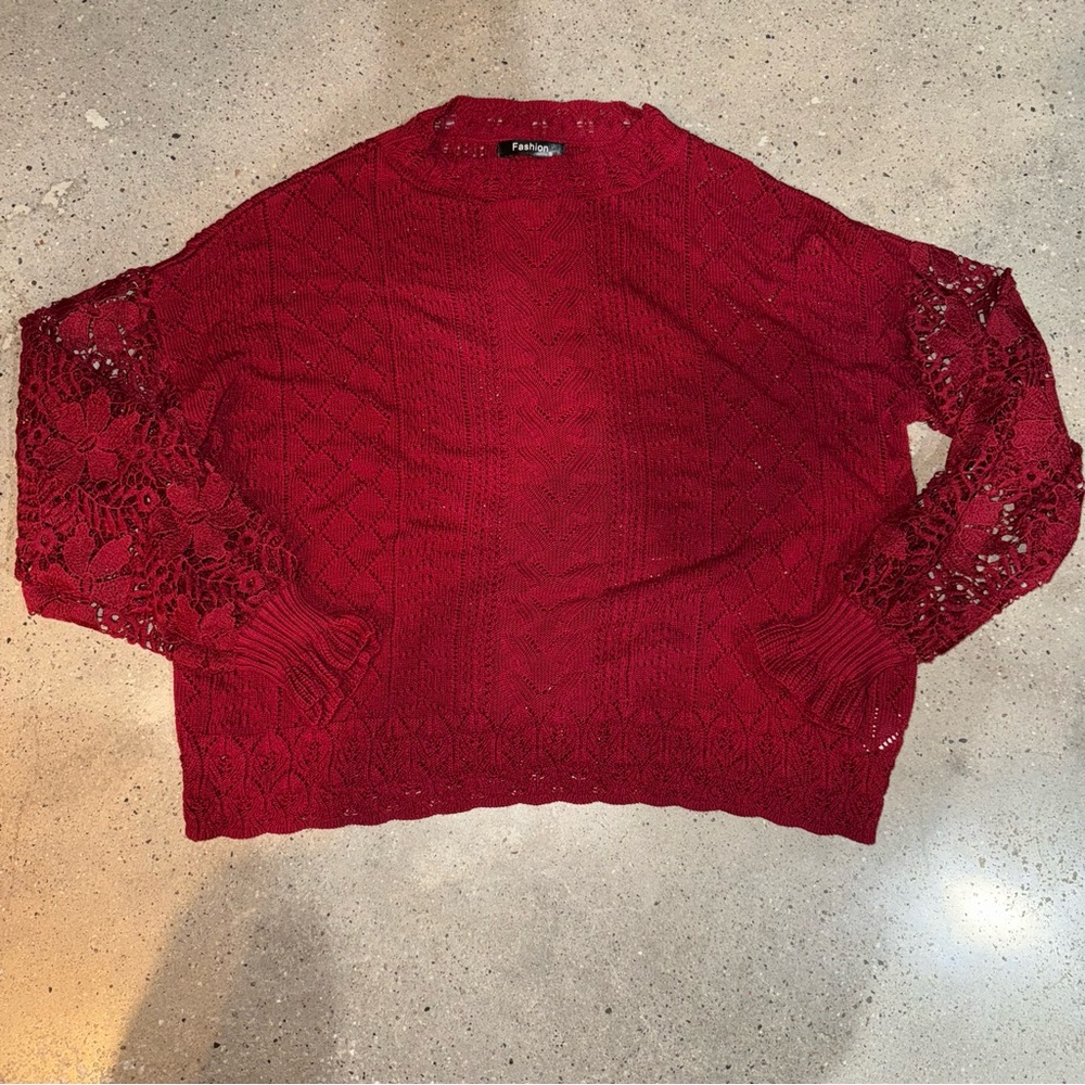 Red Lace Sleeve Blouse